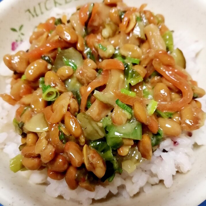 納豆の食べ方-高菜しその実漬け♪